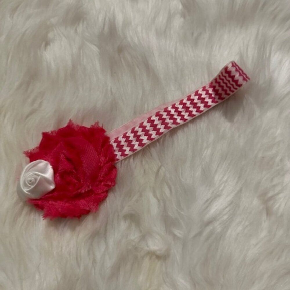 Hot Pink 2" Shabby Flower with 1" Rolled Satin Flower on FOE elastic headband 75